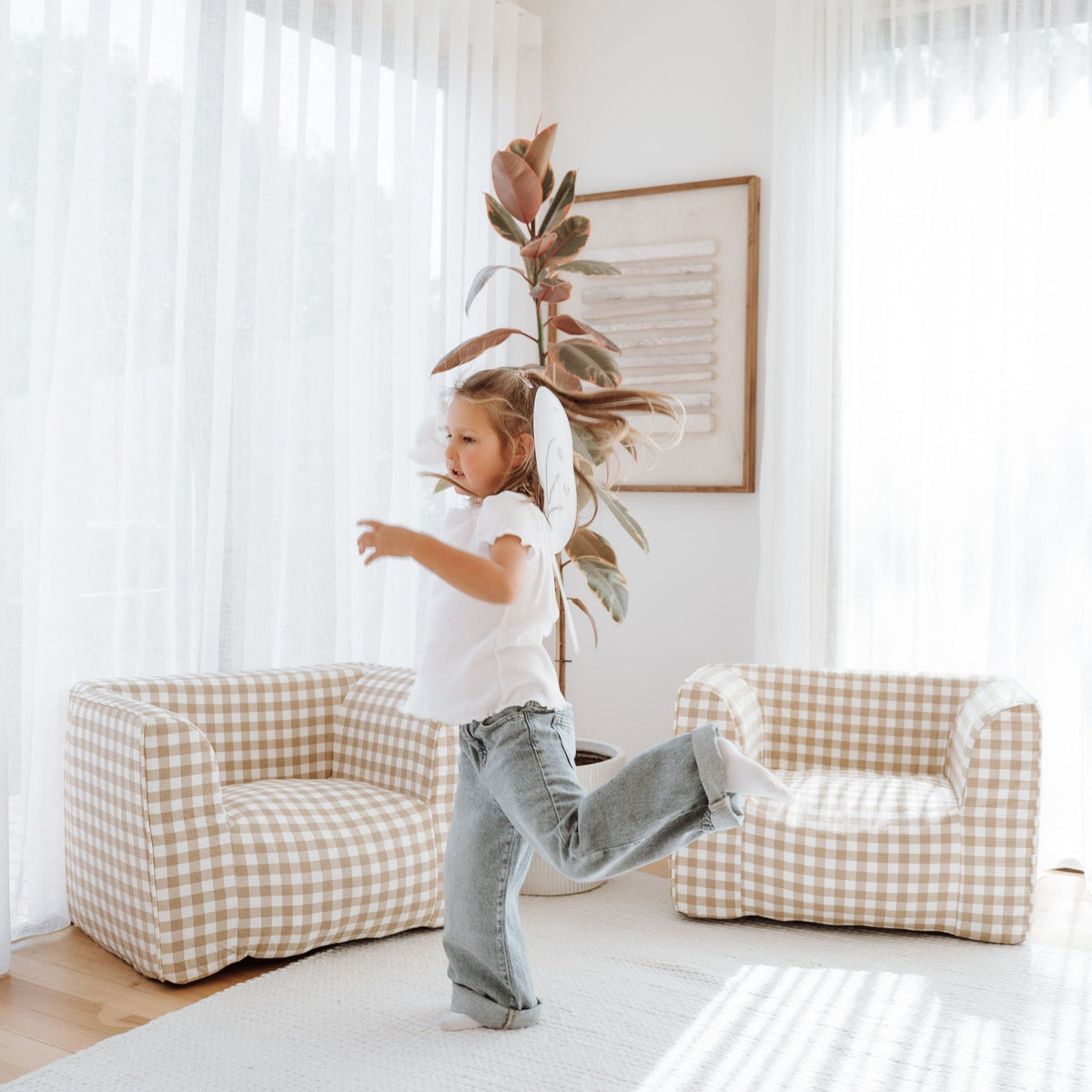 DreamPod® Kids Beanbag Chair - Latte Gingham