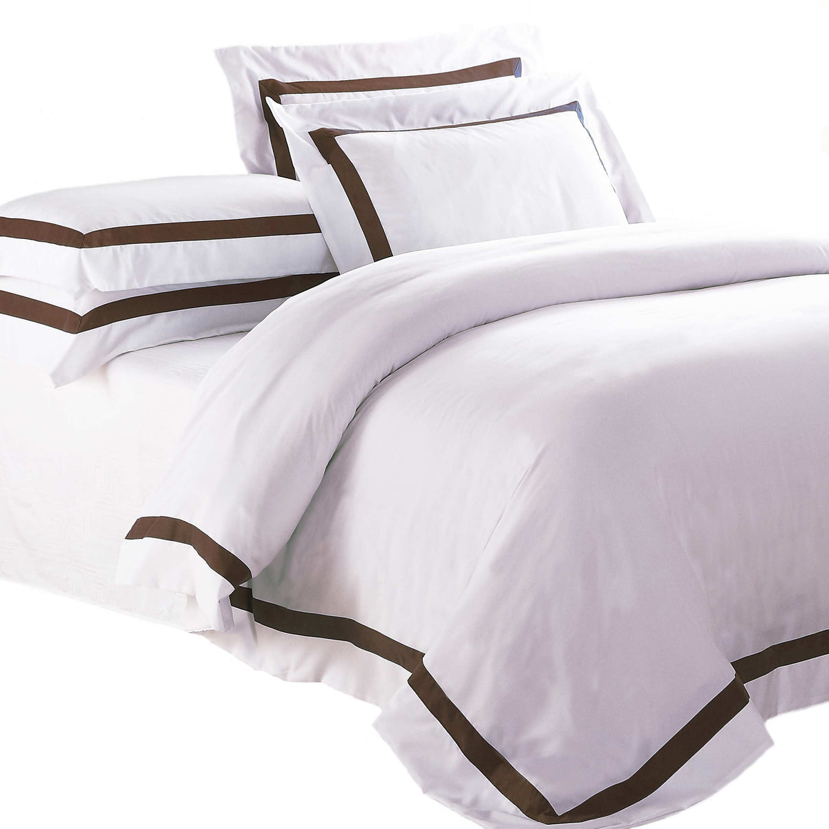 Ava Collection White European Pillowcase Set - Brown Trim