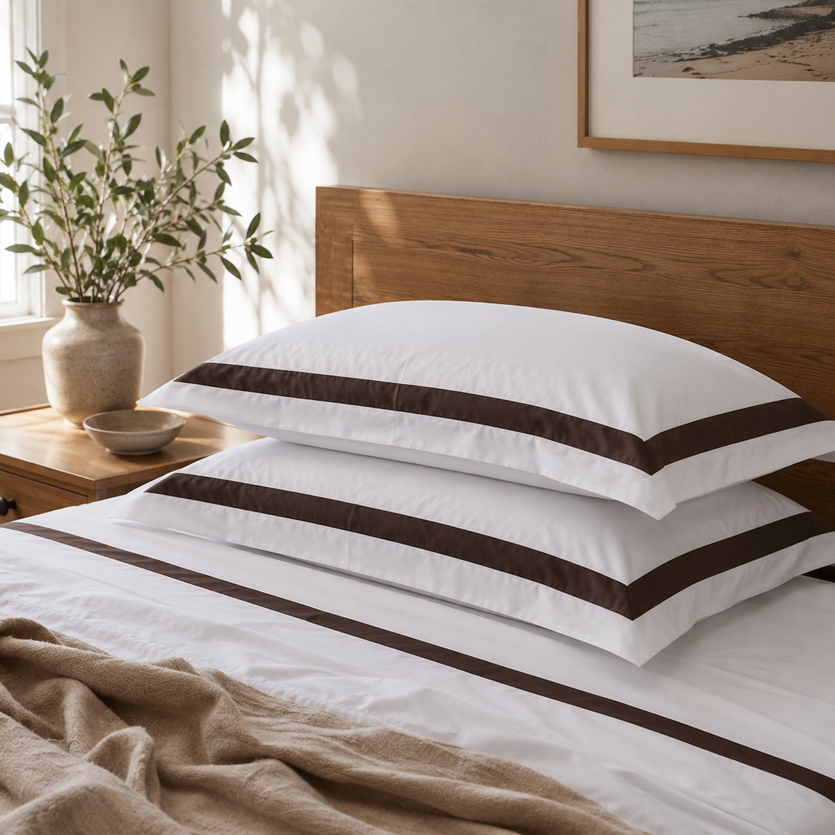Ava Collection White Standard Pillowcase Set - Brown Trim