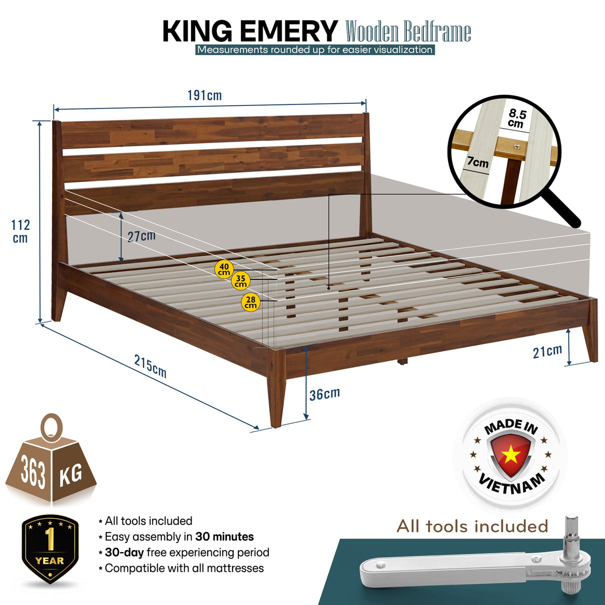 Emery Solid Wood Bed Frame with Headboard