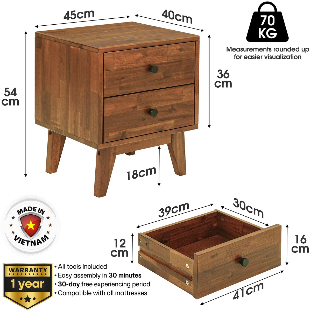 Acacia Silvia Solid Wood Beside Table With 2 Drawers