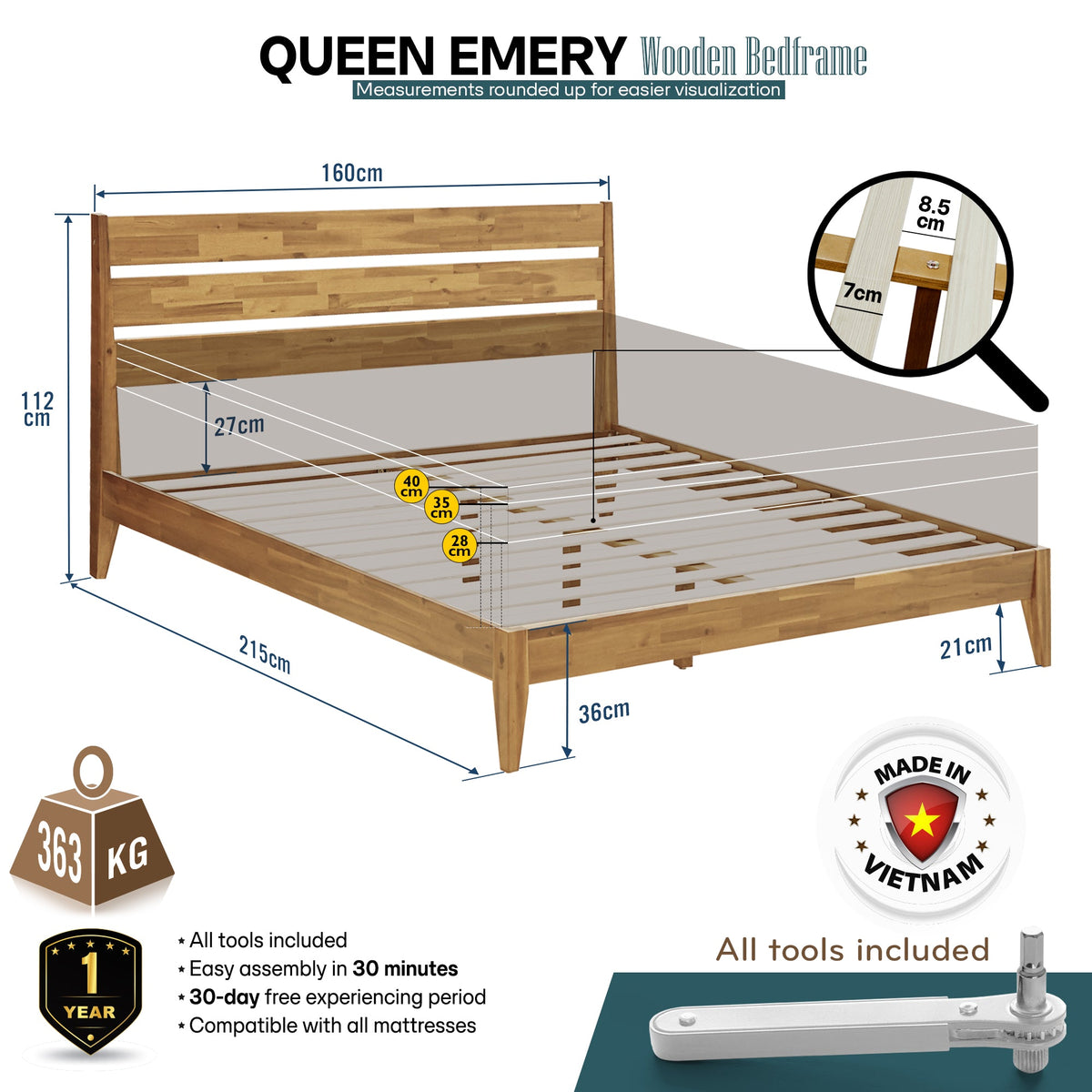 Emery Solid Wood Bed Frame with Headboard