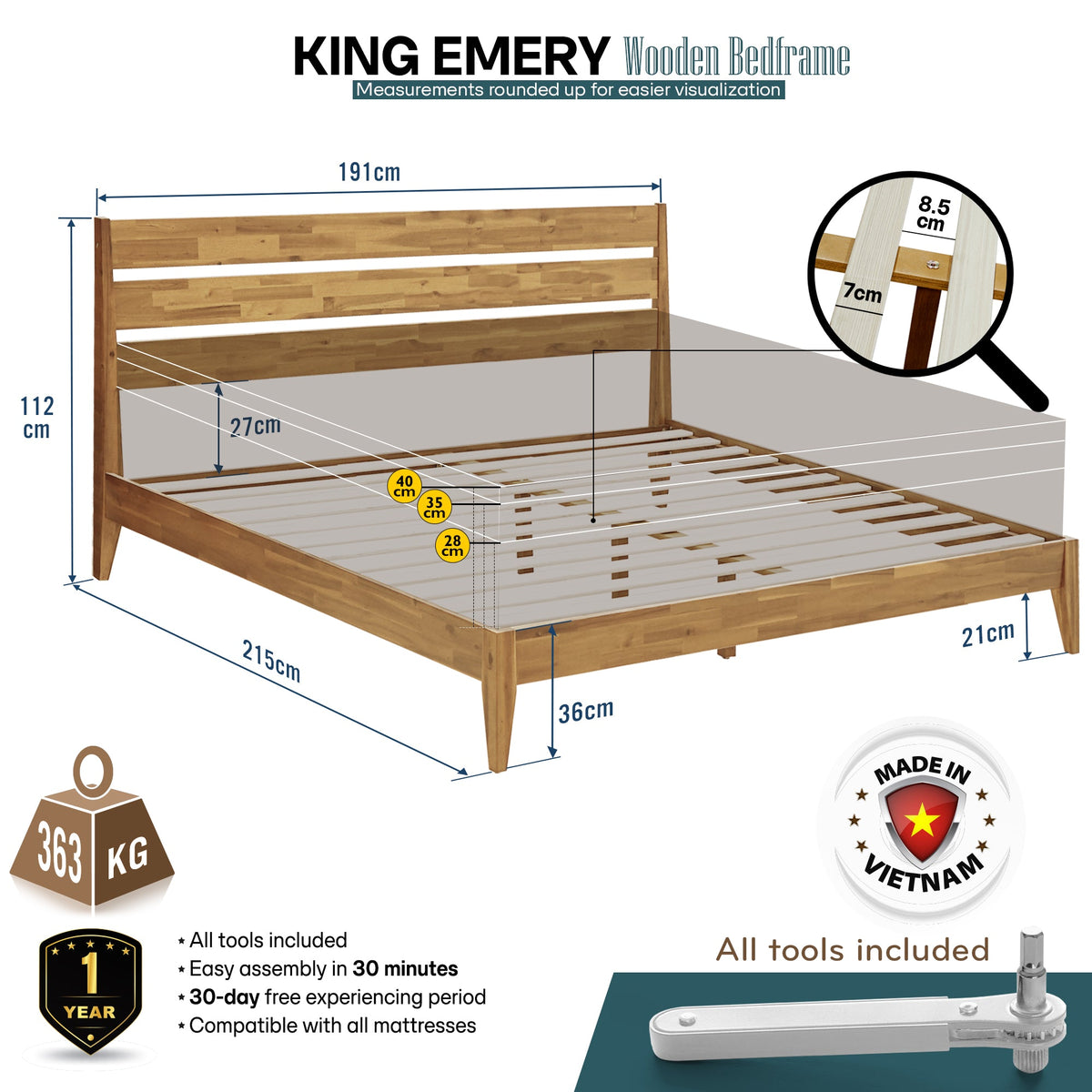 Emery Solid Wood Bed Frame with Headboard