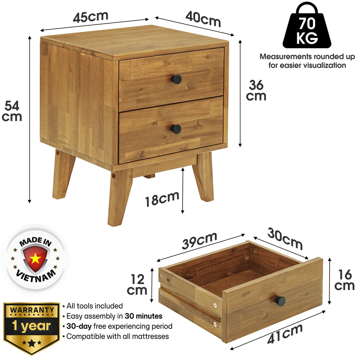 Acacia Silvia Solid Wood Beside Table With 2 Drawers