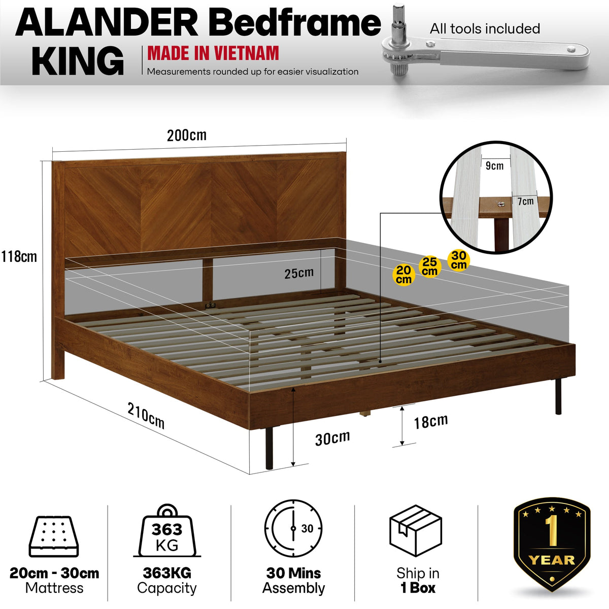 Alander Solid Wood Bed Frame with Headboard