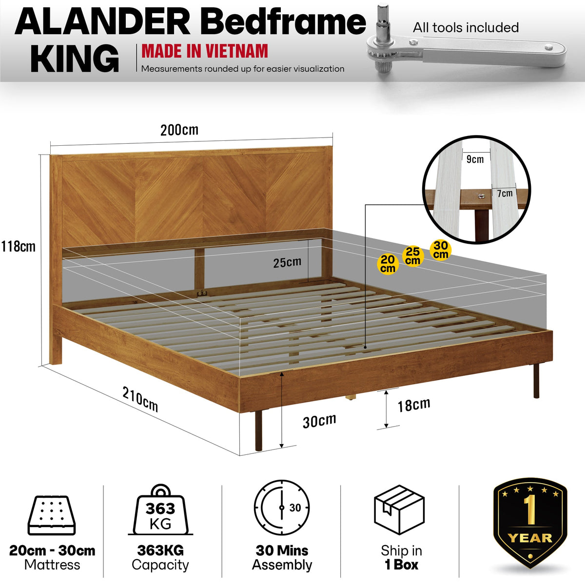 Alander Solid Wood Bed Frame with Headboard