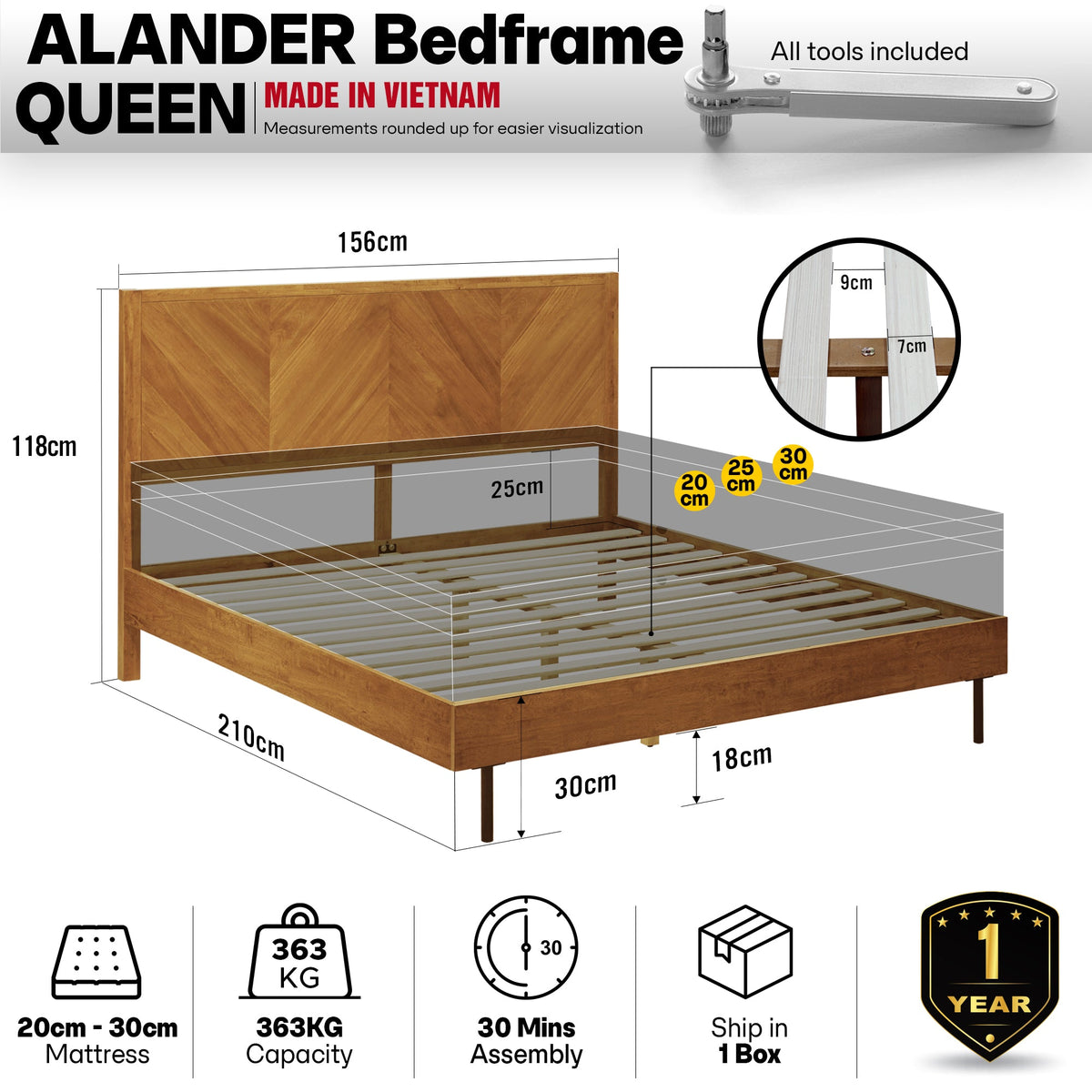Alander Solid Wood Bed Frame with Headboard