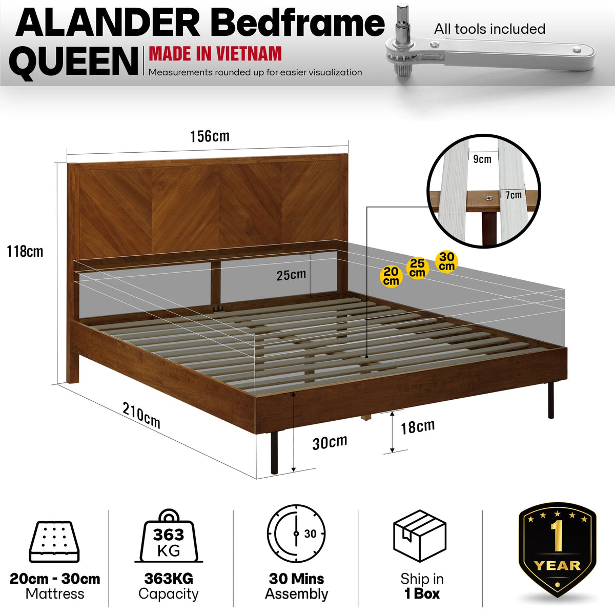 Alander Solid Wood Bed Frame with Headboard