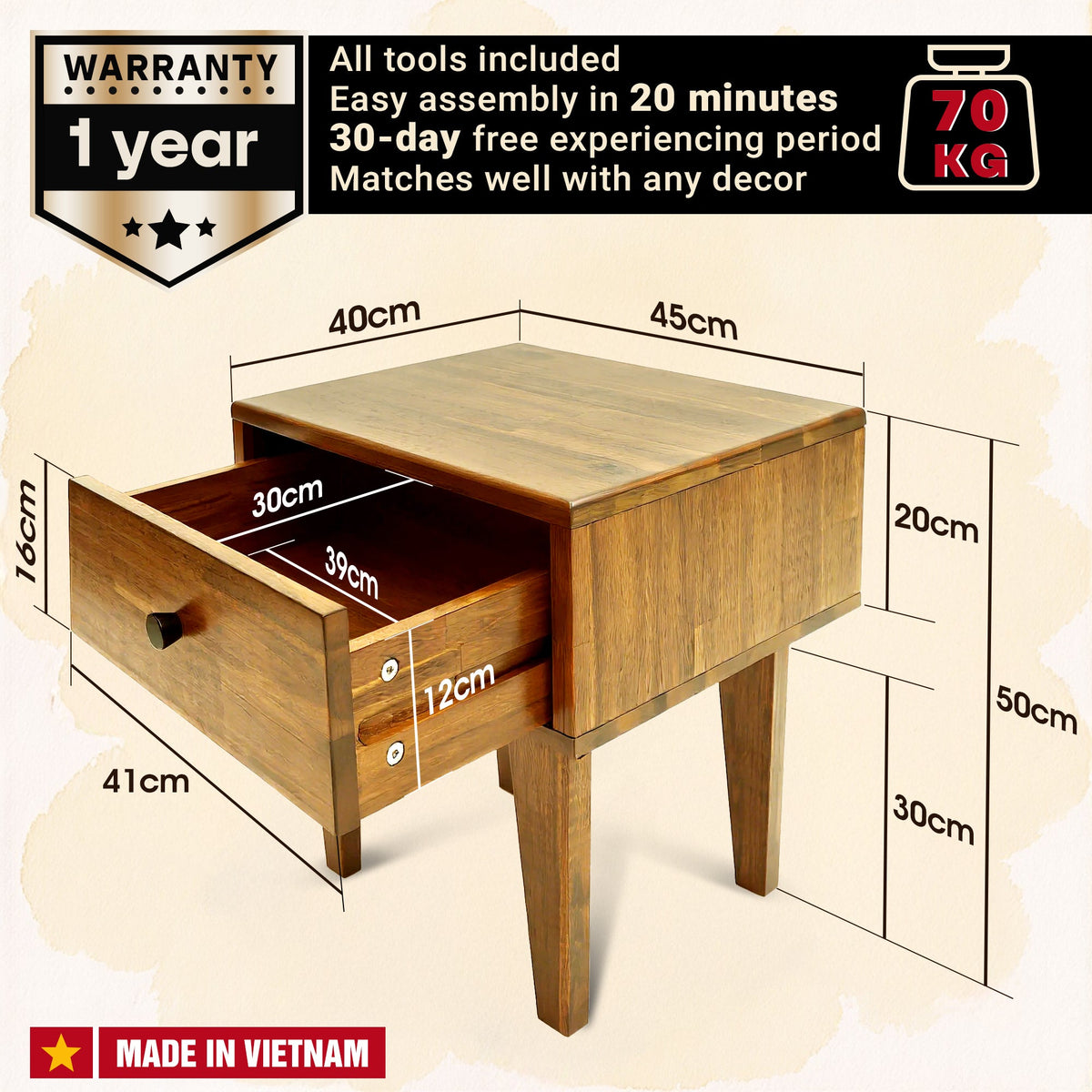 Acacia Sofia Solid Wood Beside Table With 1 Drawer