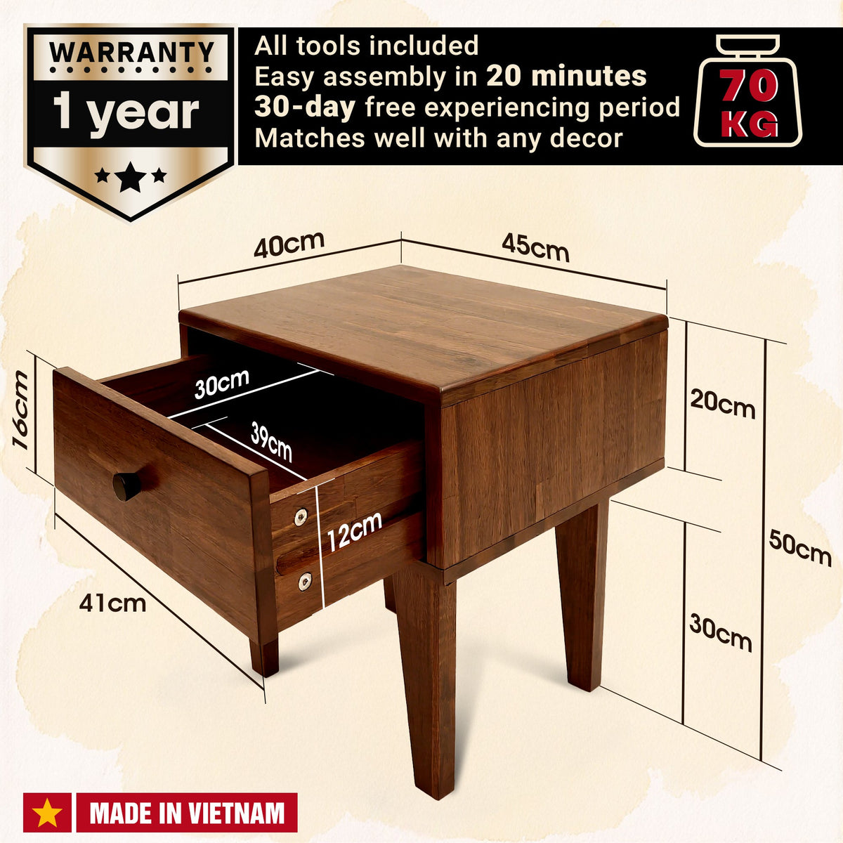 Acacia Sofia Solid Wood Beside Table With 1 Drawer