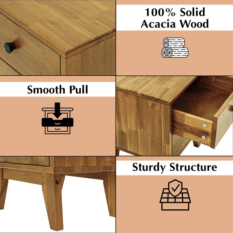 Acacia Silvia Solid Wood Beside Table With 2 Drawers