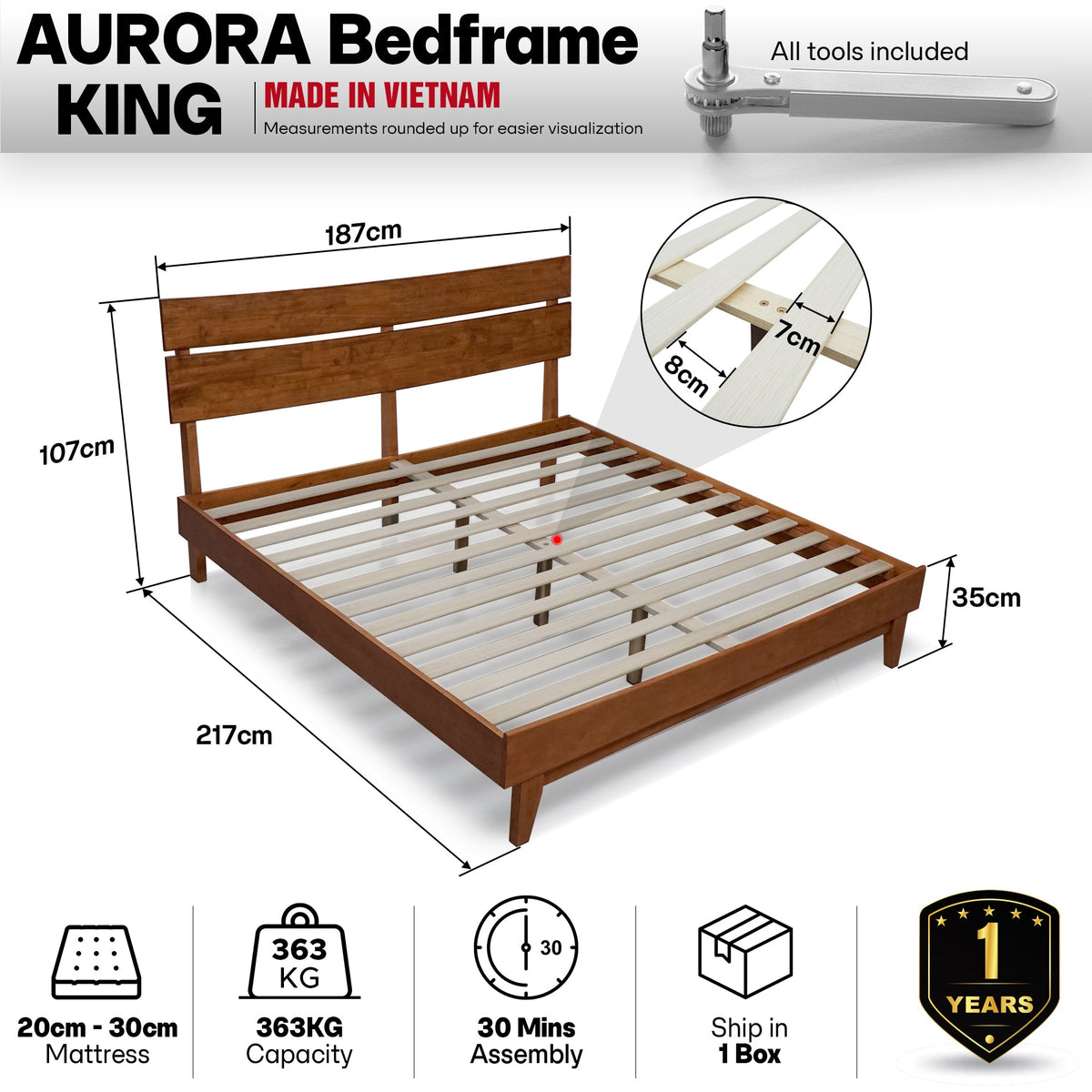 Aurora Solid Wood Bed Frame with headboard