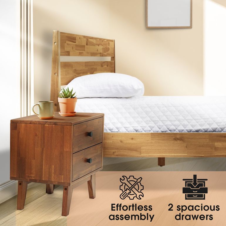 Acacia Silvia Solid Wood Beside Table With 2 Drawers