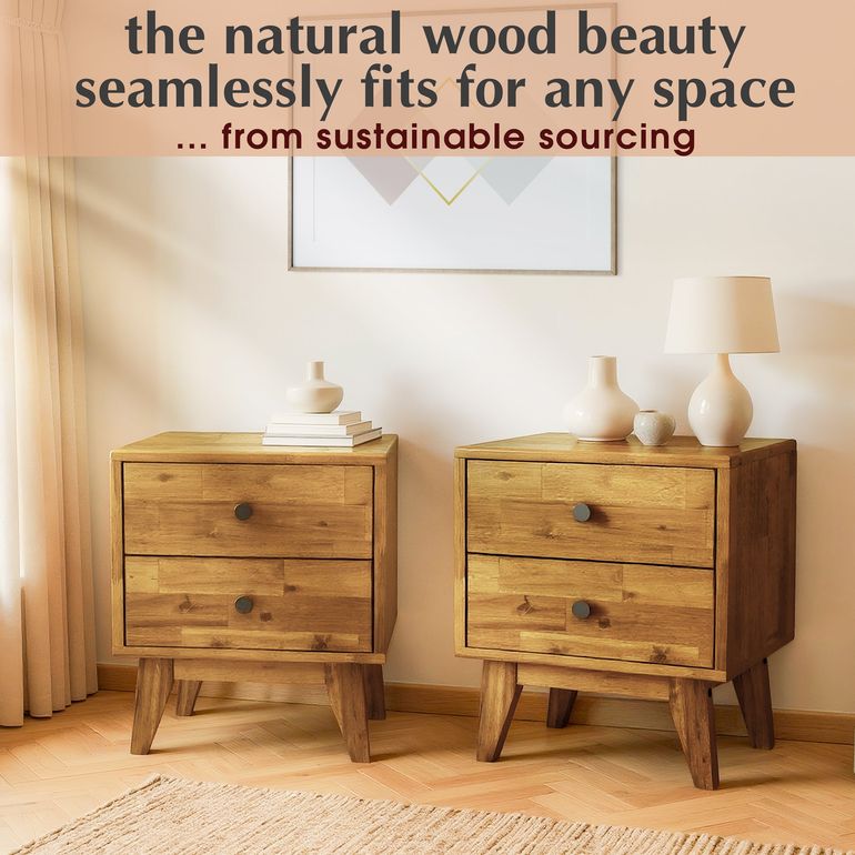 Acacia Silvia Solid Wood Beside Table With 2 Drawers