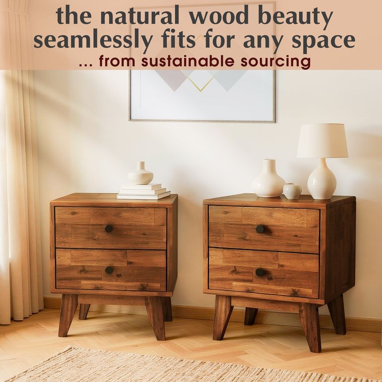 Acacia Silvia Solid Wood Beside Table With 2 Drawers