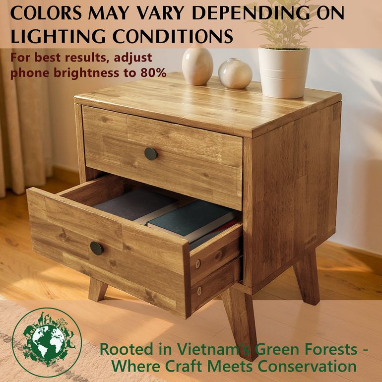 Acacia Silvia Solid Wood Beside Table With 2 Drawers