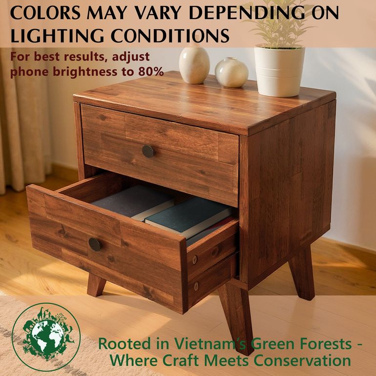 Acacia Silvia Solid Wood Beside Table With 2 Drawers