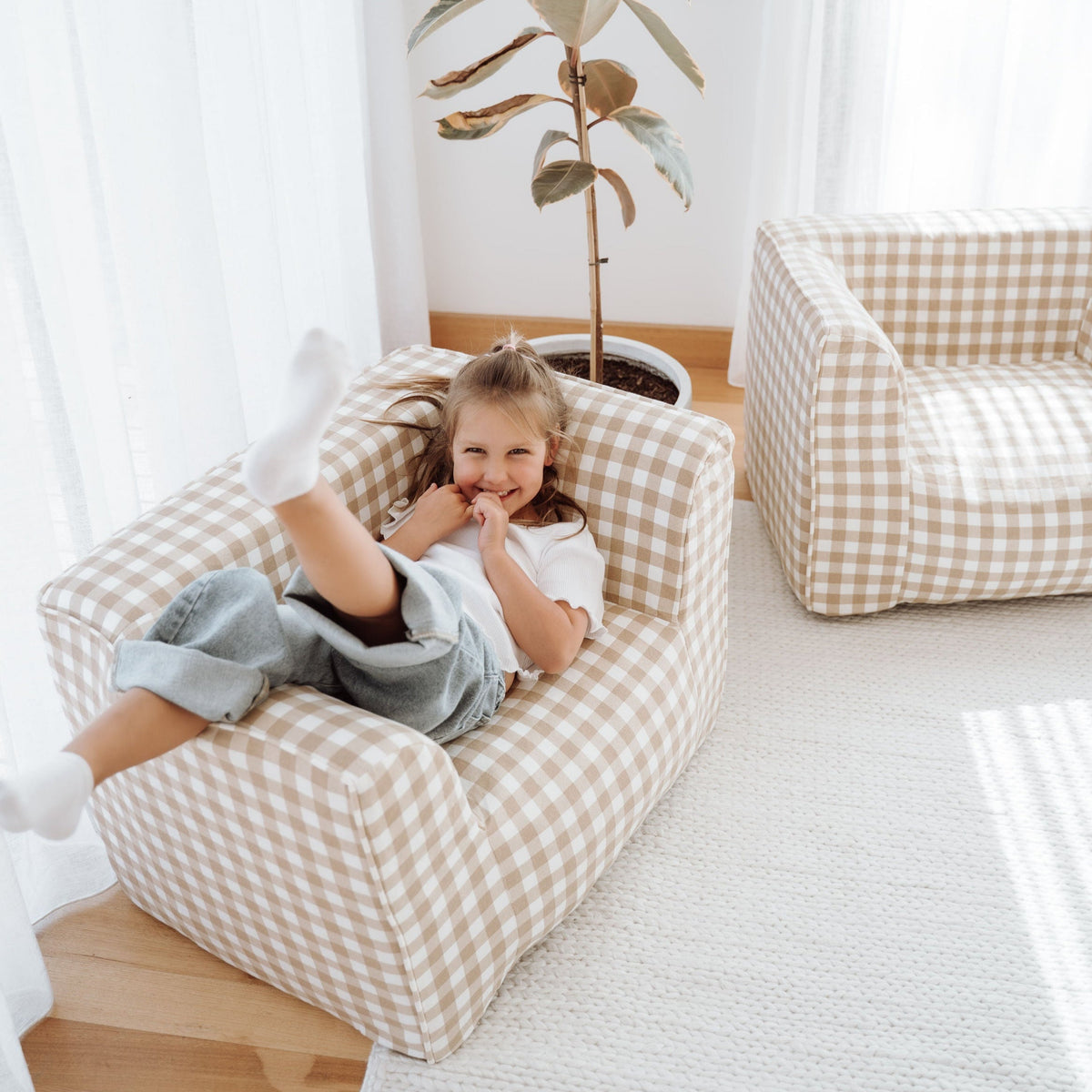 DreamPod® Kids Beanbag Chair - Latte Gingham