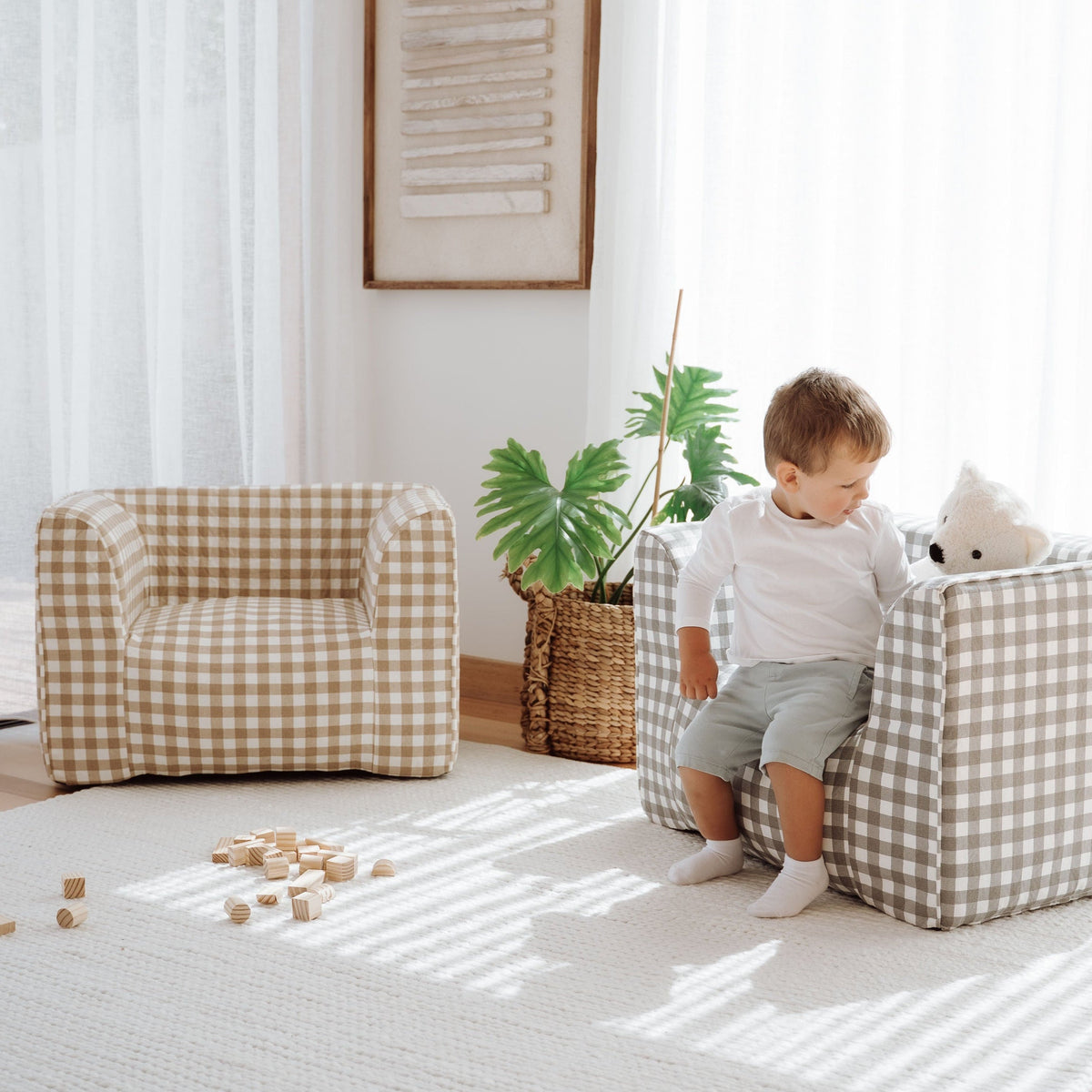 DreamPod® Kids Beanbag Chair - Latte Gingham