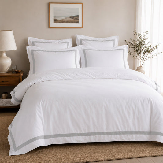 Ava Collection Queen Size White Quilt Cover Set - Light Grey Trim