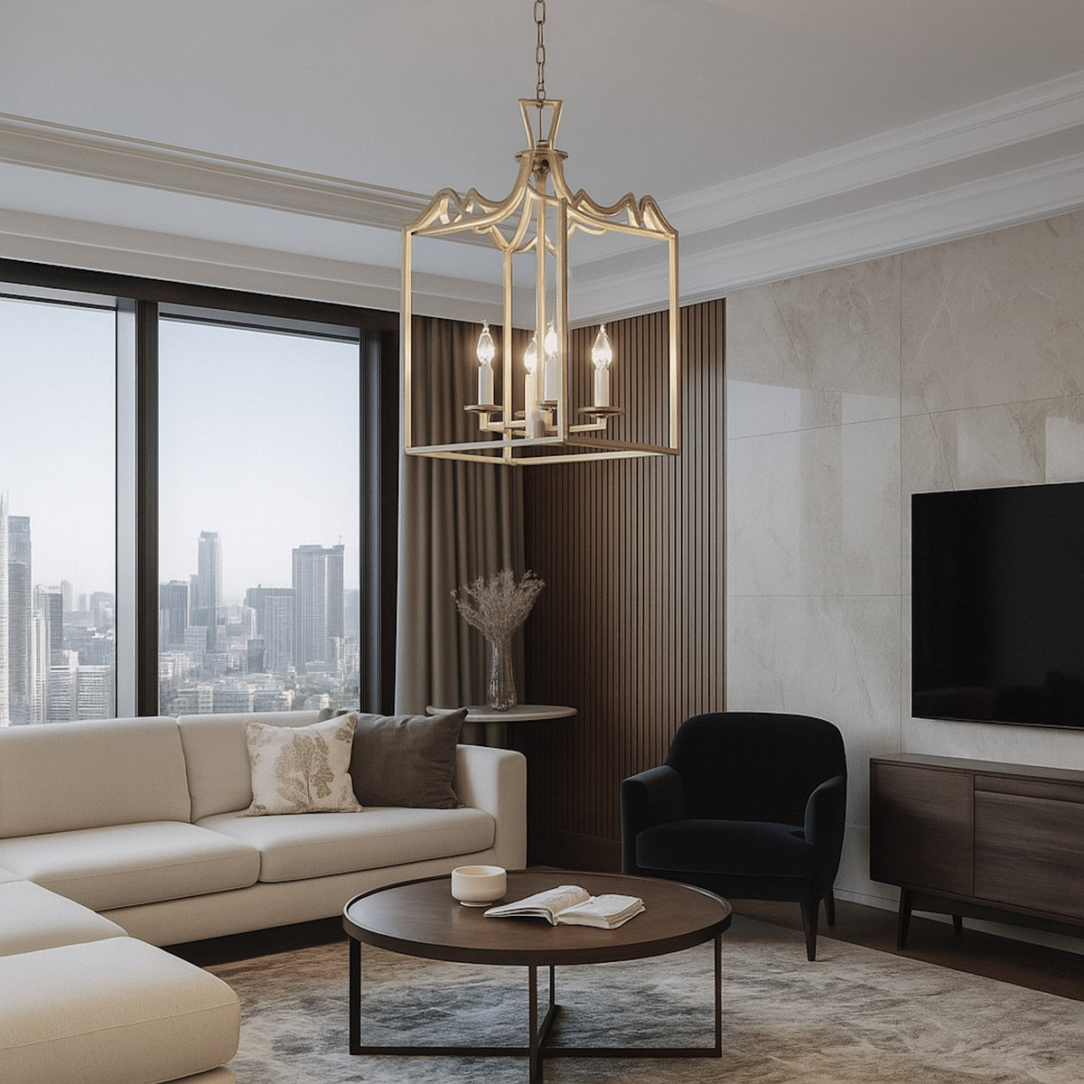 Palazzo Modern Detailed Box Frame Lantern Pendant Light - Champagne Gold