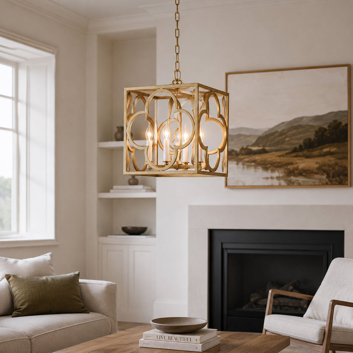 Venetia Modern Detailed Box Frame Lantern Pendant Light - Gold